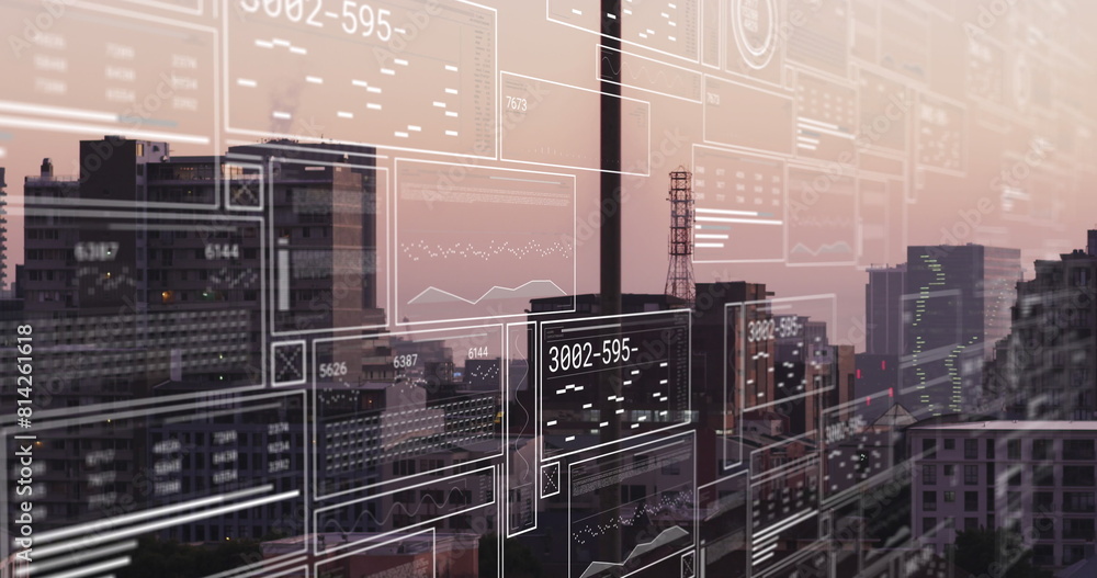 Poster image of interface with data processing against aerial view of cityscape