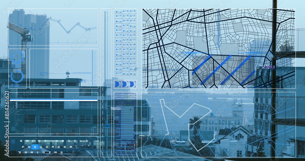 Poster image of interface with data processing against aerial view of cityscape