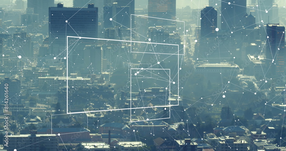 Poster image of interface with data processing and network of connections over aerial view of cityscape