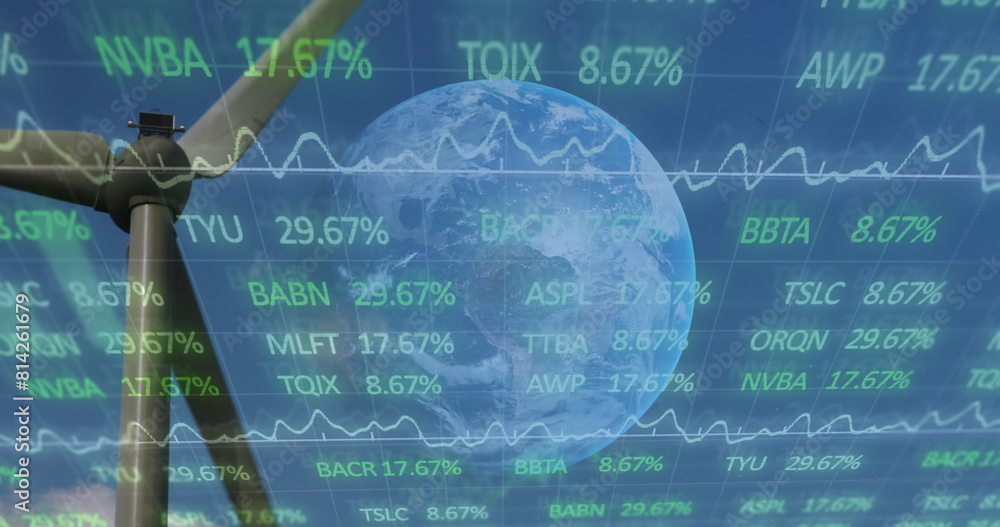 Poster image of financial data processing over windmill and landscape
