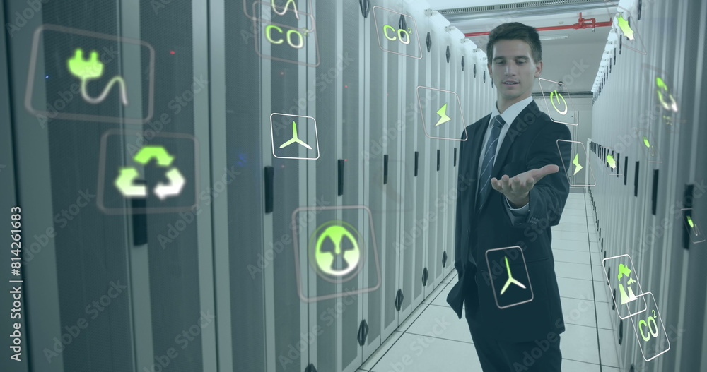 Poster image of data processing over caucasian man in server room