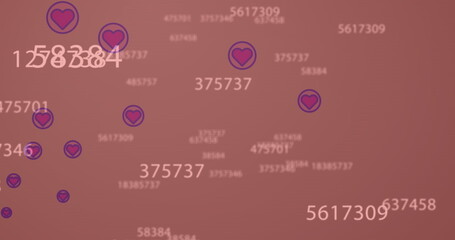 Image of multiple heart icons and changing numbers floating against pink background