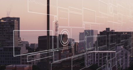 Image of interface with data processing against aerial view of cityscape