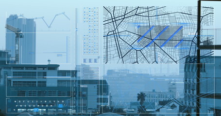 Image of interface with data processing against aerial view of cityscape