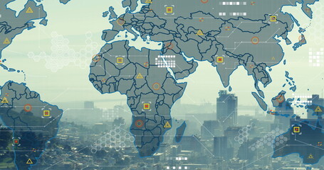 Image of world map and data processing over cityscape