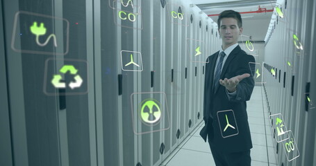 Image of data processing over caucasian man in server room