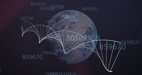 Image of dna over globe and numbers on black background