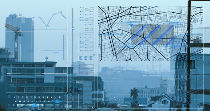 Image of interface with data processing against aerial view of cityscape - Powered by Adobe