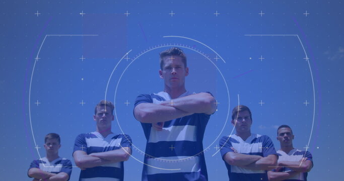 Image of digital interface over rugby team - Powered by Adobe