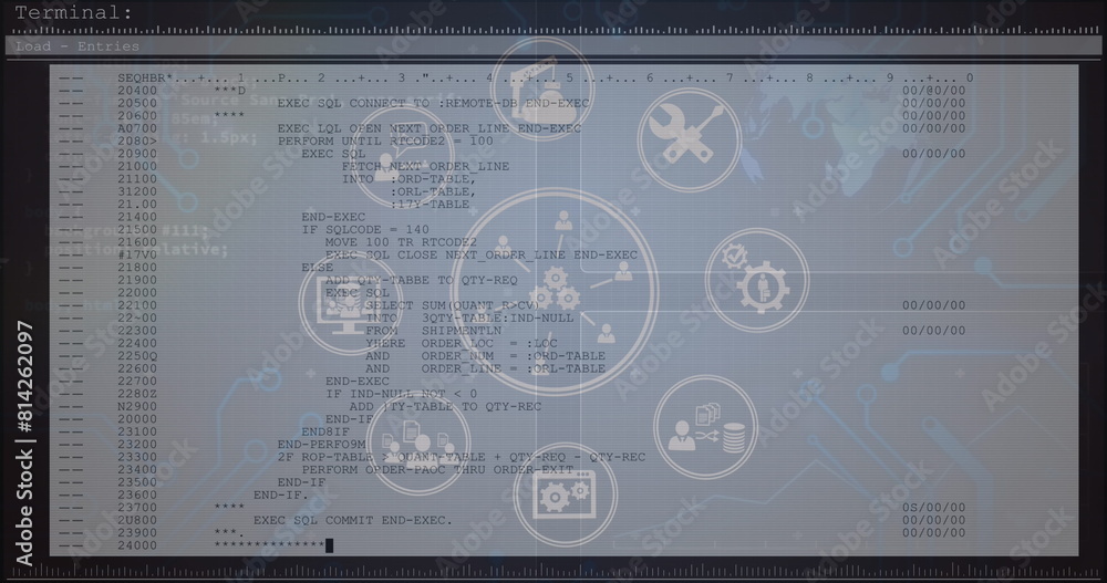 Poster Image of tech icons and data processing on computer screen
