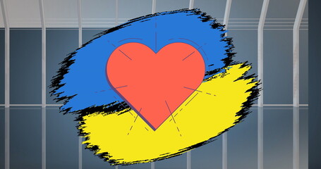 Image of heart over flag of ukraine and office building