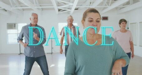 Image of dance text over caucasian senior friends dancing