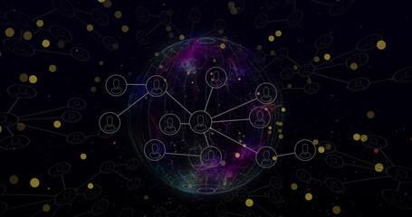 Image of dots moving over connections and globe on black background