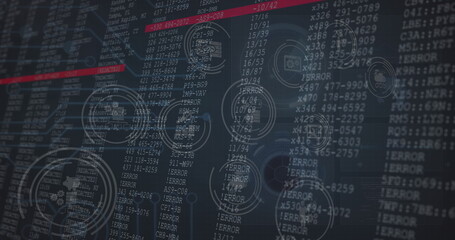 Image of icons and red lines appearing over numbers changing on black background