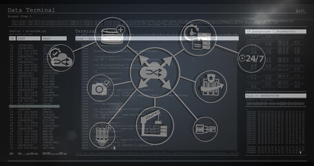 Image of network of connections with icons over data processing on black background