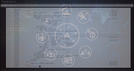 Image of tech icons and data processing on computer screen