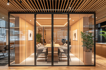 Modern conference room with glass partitions and wooden accents - Powered by Adobe