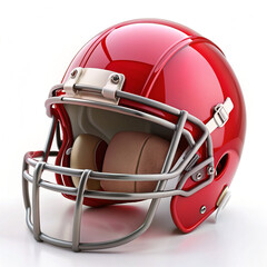 Fototapeta premium A red football helmet with a silver stripe sits open, with a brown football inside. The helmet is on a white background.