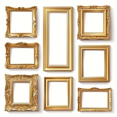 Set of golden frames isolated on white background 