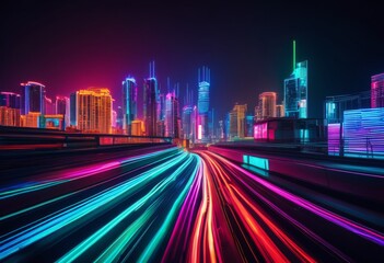 Fototapeta premium illustration, vibrant urban neon lit cityscapes night, lights, bustling, nightlife, illuminated, energetic, lively, nocturnal, glowing, landscape, environment