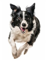 Border Collie A highly intelligent Border Collie, in action, displaying its agility and keen focus, isolated on white background.