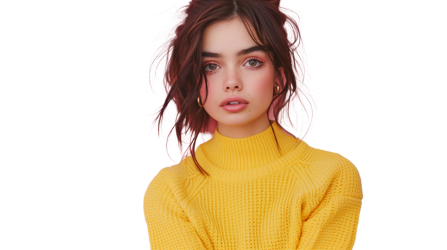 A young woman in a yellow sweater, her brown hair framing her face, tilting her head upwards with a lighthearted expression on PNG Transparent Background.