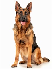 German Shepherd A loyal German Shepherd in an alert stance, emphasizing its versatility and strength as a service dog, isolated on white background.