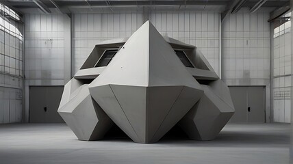 Abstract concrete interior with a huge geometric origami installation, 3d rendering Modern White Abstract Architecture.