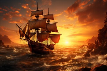 Obraz premium The ship is battered by the waves, but it sails on, a symbol of hope and perseverance. The setting sun casts a golden glow over the scene, creating a beautiful and inspiring image. Digital painting.