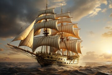 A vintage sailing ship with white sails on the high seas during the day. Made of wood, it has three masts and billowing sails as it moves through the water. Digital painting.