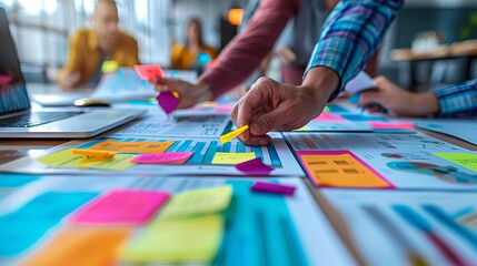 A breakout session at a business seminar where participants are raising sticky notes to contribute ideas on a collaboration board
