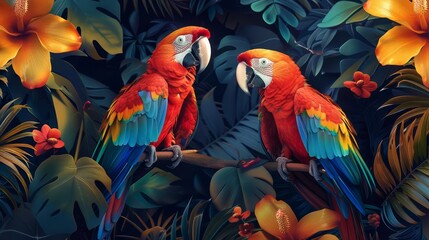 A bright and colorful record cover depicting a tropical scene with parrots and lush foliage in a...