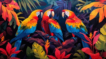 Obraz premium A bright and colorful record cover depicting a tropical scene with parrots and lush foliage in a pop art style