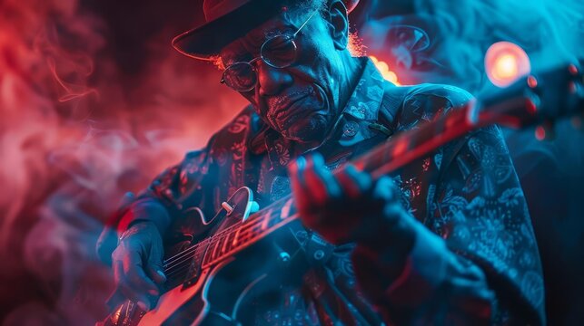 A blues guitarist immersed in playing at a jazz club, with a moody, smokefilled atmosphere