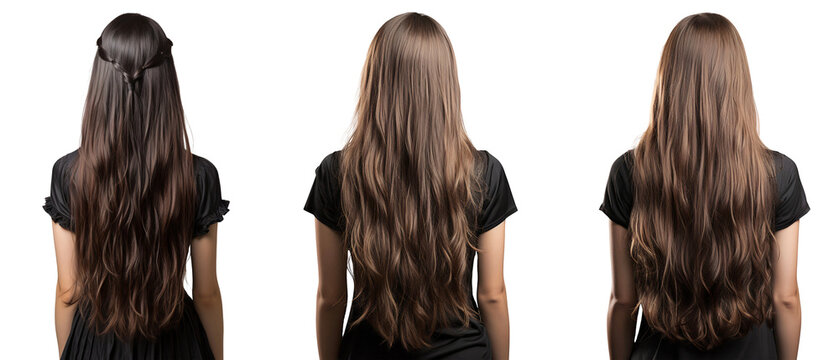 Back view of a young three ladies with long straight brown hair, isolated on transparent background