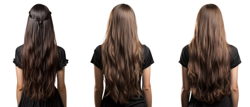 Back view of a young three ladies with long straight brown hair, isolated on transparent background - Powered by Adobe