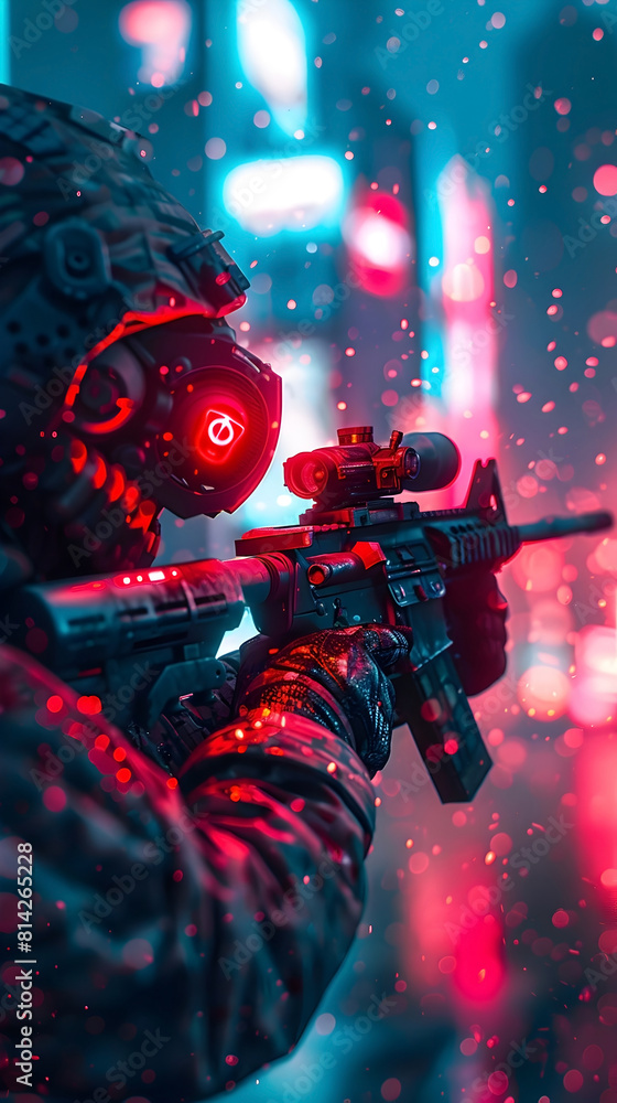 Sticker Soldier Battles Rogue in Neon-Lit Cityscape Virtual Reality Combat