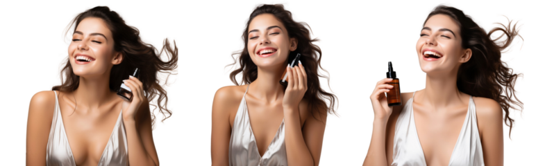 Group of beauty female models with bottle of perfume. Spraying perfume advertising, isolated on transparent background