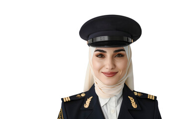 Beautiful smiling young Arab female pilot wearing uniform and hijab in an airport, isolated on transparent background