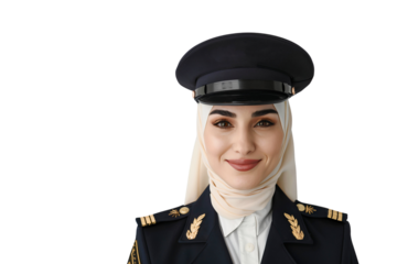 Beautiful smiling young Arab female pilot wearing uniform and hijab in an airport, isolated on transparent background
