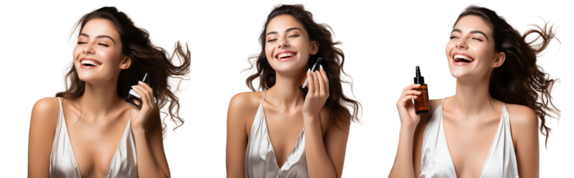 Group of beauty female models with bottle of perfume. Spraying perfume advertising, isolated on transparent background