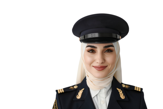 Beautiful smiling young Arab female pilot wearing uniform and hijab in an airport, isolated on transparent background