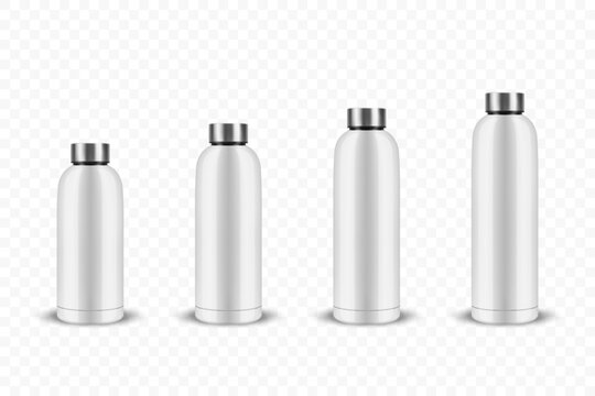 Vector Realistic 3D White Metal Blank Glossy Reusable Water Bottle with Silver Bung Closeup Isolated, Different Sizes. Design Template of Packaging Mockup. Front View