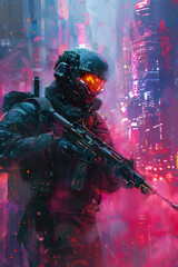 Obraz premium Soldier Combatting Rogue in Neon-Drenched Dystopian Cityscape