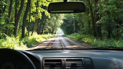 The road stretches out through the windshield of the car with the passing scenery blurring to the edge. Dashboard and interior details frame the view. Add depth and perspective to the journey ahead.
