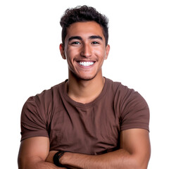 Smiling young handsome man wearing casual t-shirt, happy expression, isolated on transparent background