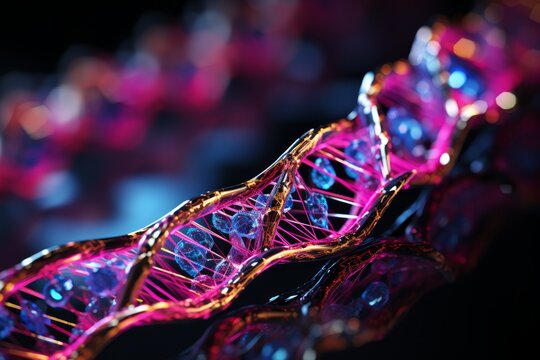 Close-up of DNA double helix, the genetic material that carries hereditary info. Detailed representation of the intricate nature of the genetic code.