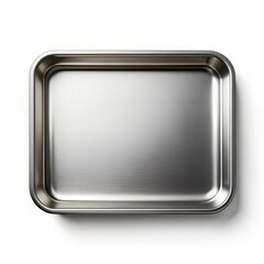 A rectangular metal tray with rounded edges, seen from above, rests on a white surface.