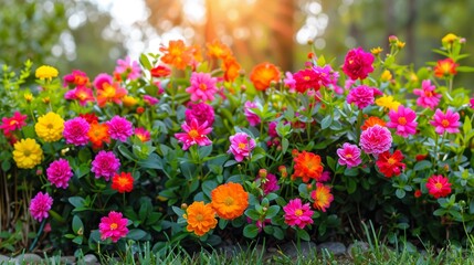 Fototapeta premium A vibrant display of multi-colored flowers flourishing in a sunlit garden, highlighting nature's palette in a serene setting
