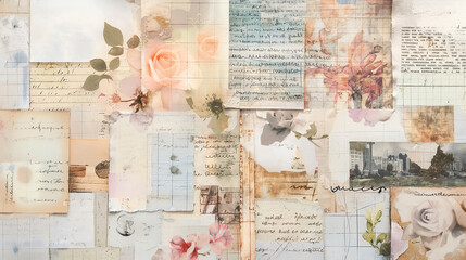 Vintage Collage of Floral and Text Paper, Artistic Mixed Media